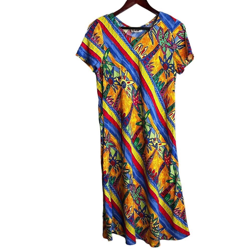 Hilo Hattie Size Large Midi Short Sleeve Dress Palm Tree Hawaiian Beach Mumu